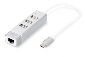 HUB CON 3 PORTE USB 2.0 TIPO A E 1 PORTA RETE RJ45, CONNETTORE MASCHIO TIPO C