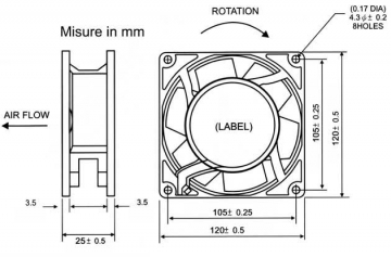 Ventola tachimetrica a 12V in corrente continua 120x120x25mm con cuscinetti